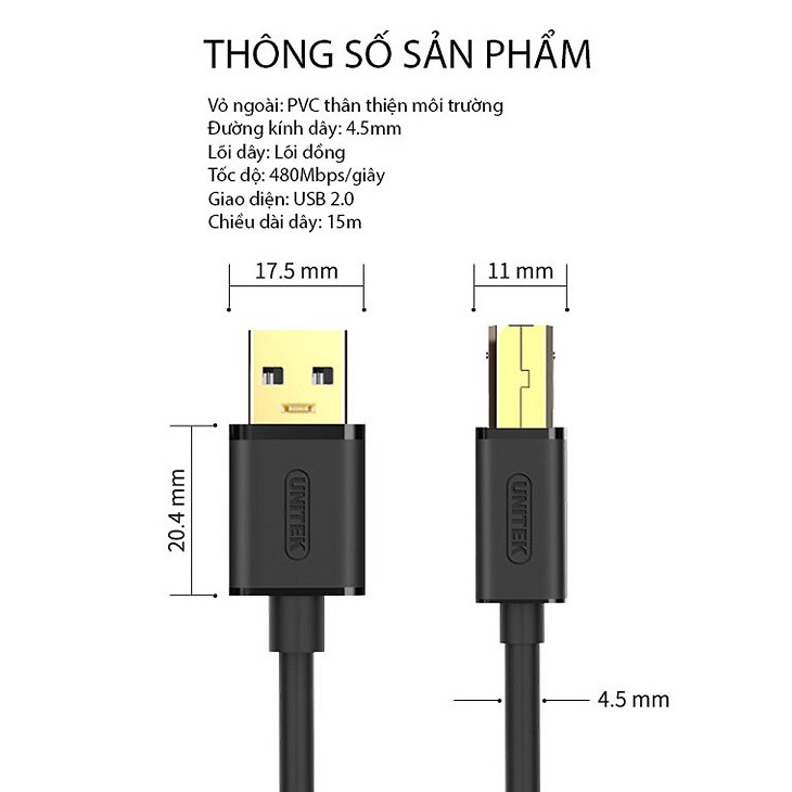 [Mã 155ELSALE giảm 7% đơn 300K] Dây máy in 15M Unitek U205B tích hợp IC khuếch đại tín hiệu