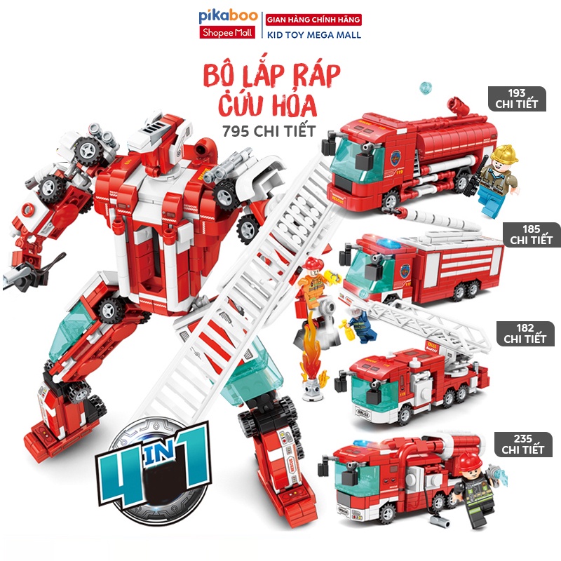 Đồ chơi lắp ráp xếp hình xe cứu hỏa Pikaboo chơi riêng 4 mô hình xe hay ghép 4 mẫu thành 1 robot 795 miếng to hơn rẻ hơn