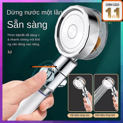 Vòi Sen Tăng Áp Cánh Quạt Turbo Xoay 360 Độ, Tay Sen Tắm Vòi Hoa Sen Tay Cầm Có Nút Nhấn Tắt nước