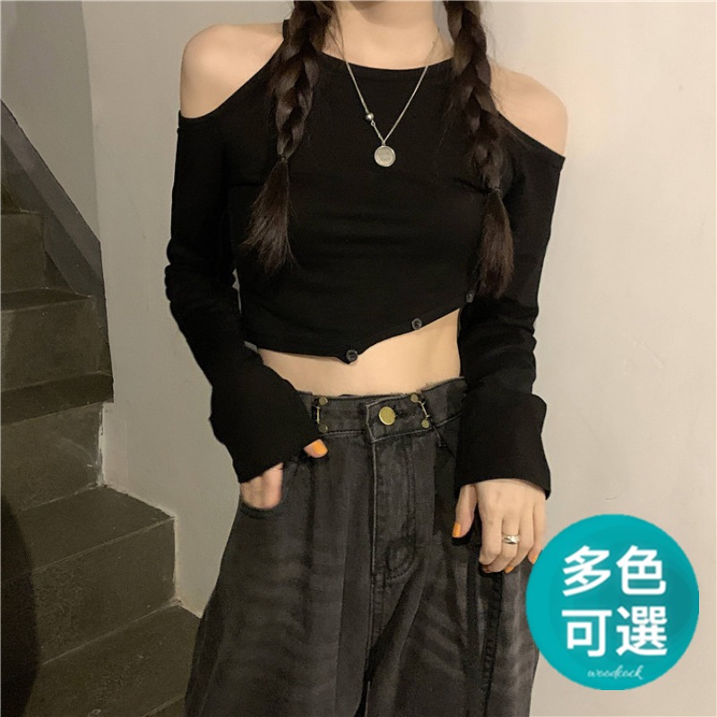 Áo thun tay dài trễ vai màu đen quyến rũ hợp thời trang cho nữ 