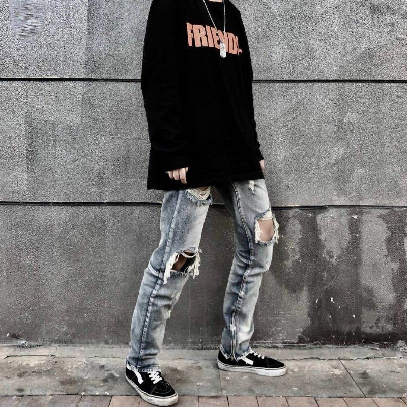 Quần Jean Nam Rách Gối Zipper Co Giãn Phong Cách HIPHOP STREETWEAR - Quần Bò Rách Gối Skinny Dáng Fog Justin Bieber