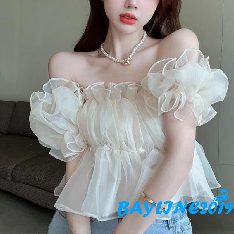 Bay-Women Off Shoulder Blouse, Spring &amp; Summer Solid Color Short Puff Sleeve Pullover