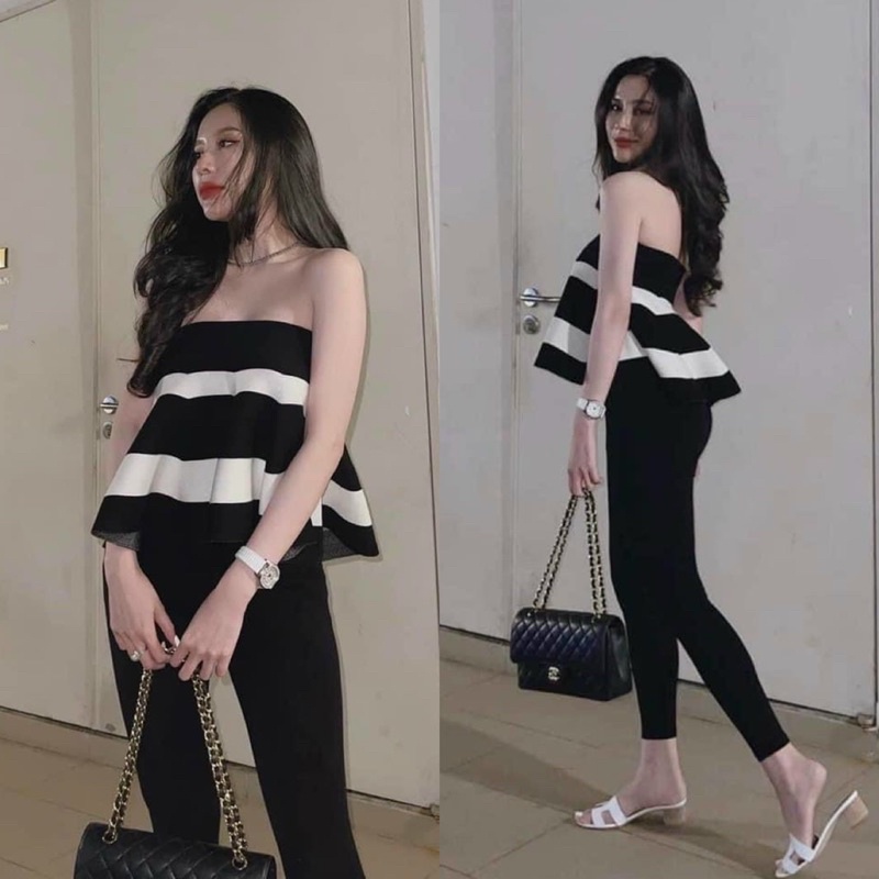 Set áo thun xốp trắng đen sọc ngang cúp ngực + quần gân dài, bộ thời trang nữ hot girl đi chơi dạo phố sành điệu