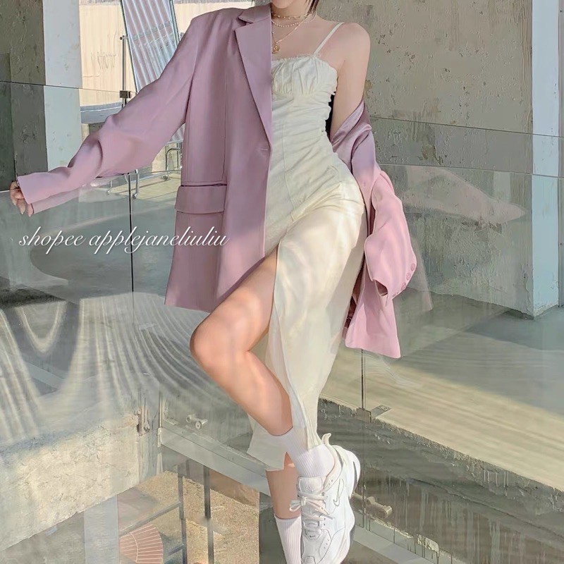 JANE Đầm hai dây xẻ tà dáng dài thời thượng sang - Áo khoác Blazer Hàn Quốc màu Tím