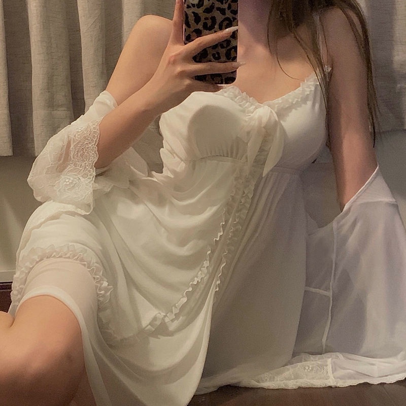 Cổ Phiếu Sẵn Sàng❣Bộ Đồ Ngủ Pajamas Hai Dây Dáng Rộng Phối Ren Kiểu Công Chúa Ngọt Ngào Phong Cách Hàn Quốc Thời Trang Xuân Thu Dành Cho Nữ