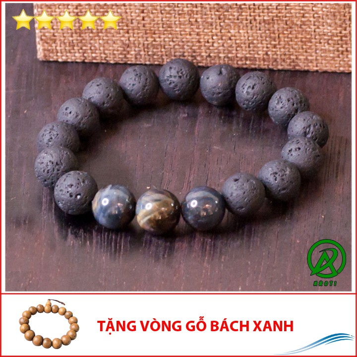 V219-12 Vòng phong thủy đá núi lửa 12 ly mix mắt hổ chim ưng V219-12(GB)-kèm Vòng Gỗ Bách Xanh