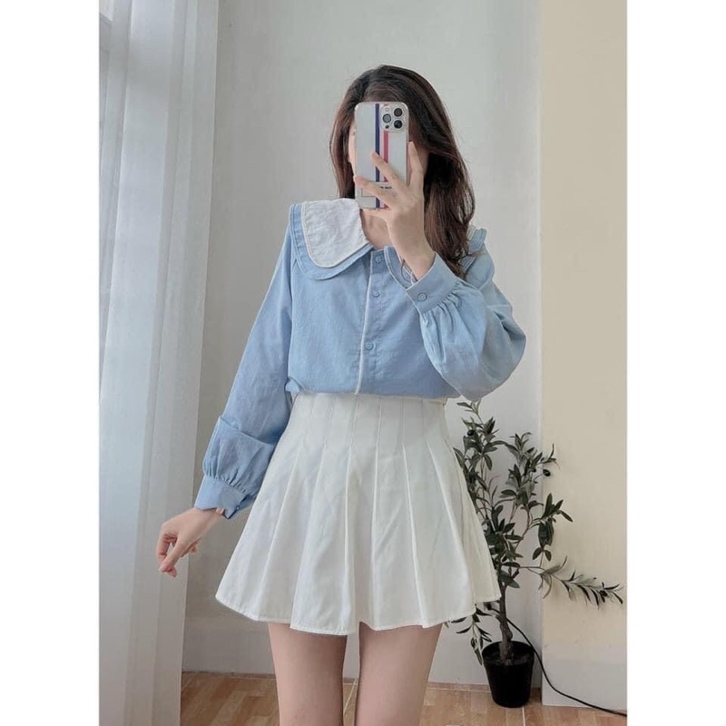 Áo kiểu nữ cổ sen 2 tầng phối màu tay bồng