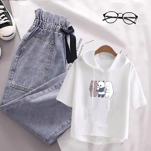 Set Áo Hoodie Lửng Ngắn Tay Có Mũ + Quần Short Jeans Lưng Cao Thời Trang Hàn Cho Nữ