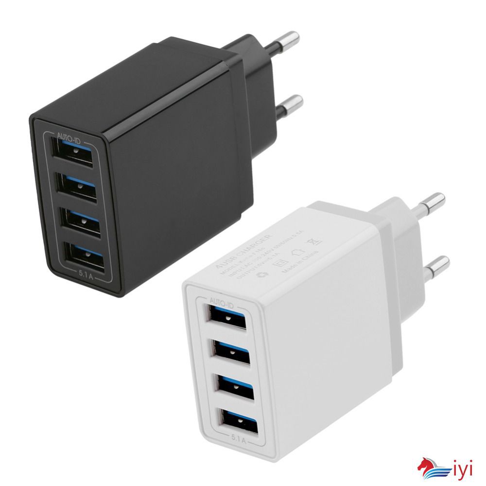 Củ Sạc 4 Cổng Usb 5v Phích Cắm Eu Có Đèn Báo Hiệu