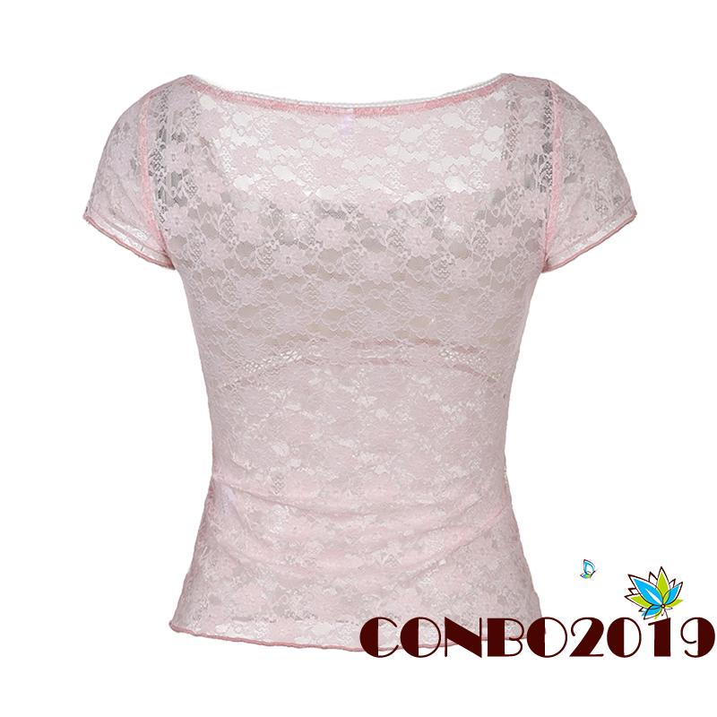 Áo Thun Crop Top Tay Ngắn Cổ Vuông Phối Ren Thời Trang Mùa Hè Cho Nữ