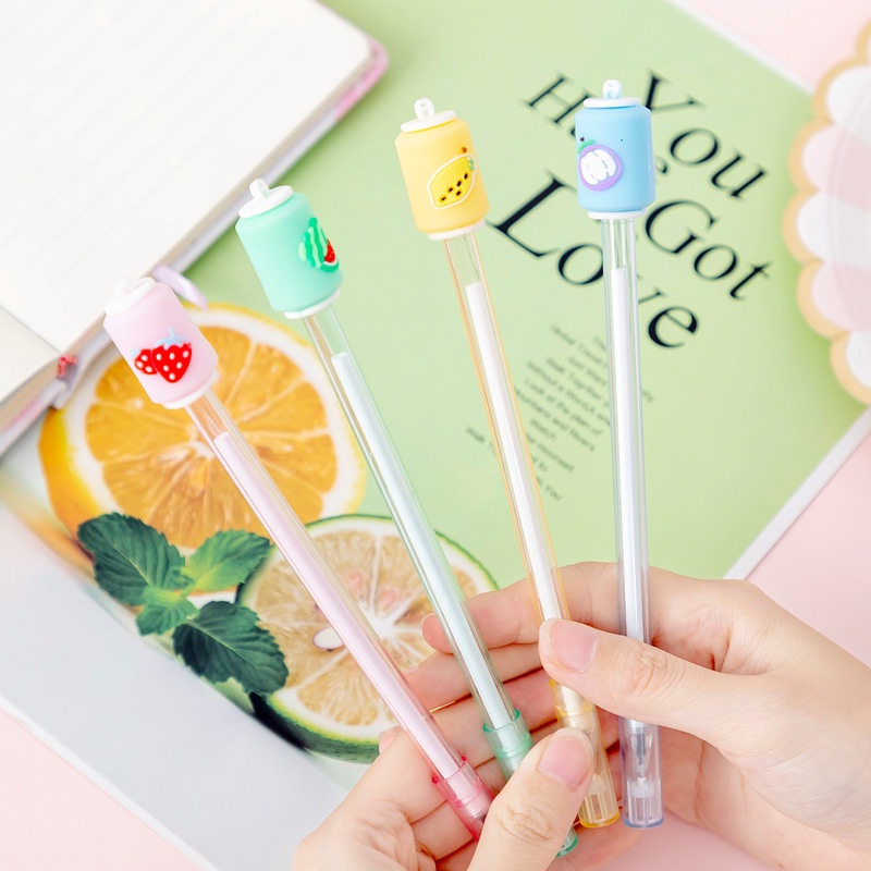Set 4 Bút Mực gel Ngòi Bút 0.5mm Màu Đen Trong Suốt Hình soda Trái Cây Sáng Tạo