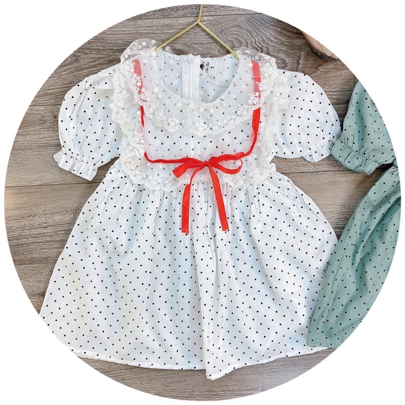 Váy chấm bi cổ ren cho bé 8-23kg phối nơ đỏ chất thô đũi cực mềm nhẹ mát cho bé xinh lung linh BBShine – D079