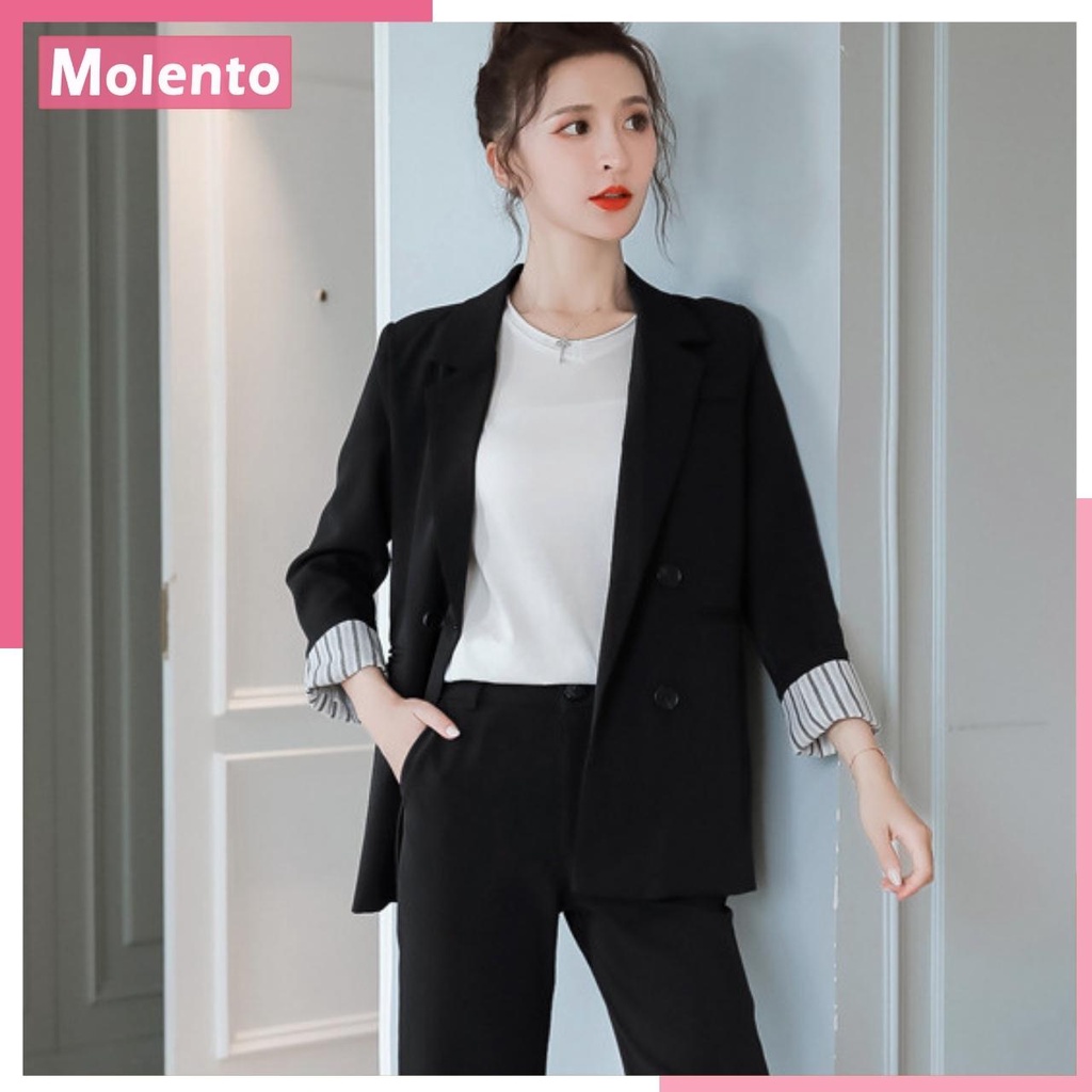 Áo Vest Nữ Blazer Khoác Ngoài 2 Lớp Dài Tay Cao Cấp Ulzzang Phong Cách Hàn Quốc Màu Đen Từ 42 đến 60kg MOLENTO M80