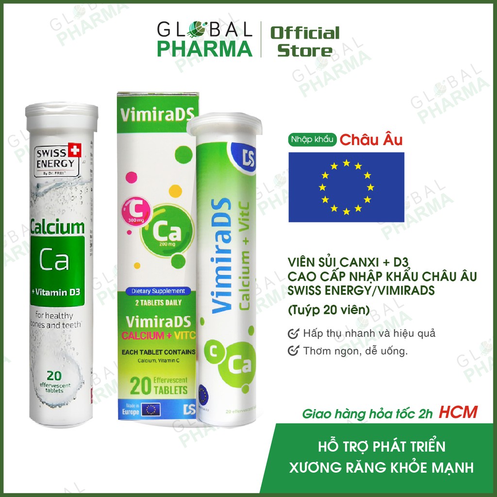 [CHÍNH HÃNG CHÂU ÂU] Viên Sủi Bổ Sung Canxi-D3 - Chắc khoẻ xương và răng Swiss Energy/VimiraDS (Tuýp 20 viên)