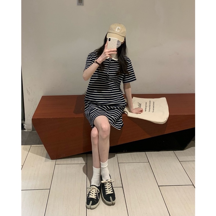 Đầm polo XIAOZHAINV ngắn tay kẻ sọc phong cách Hàn Quốc thời trang hè cho nữ