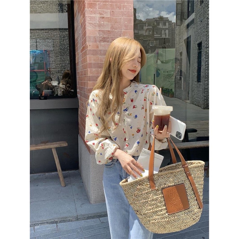 COZOK Áo Sơ Mi Chống Nắng Dáng Rộng Cổ Tròn In Hoa Xinh Xắn Hợp Thời Trang