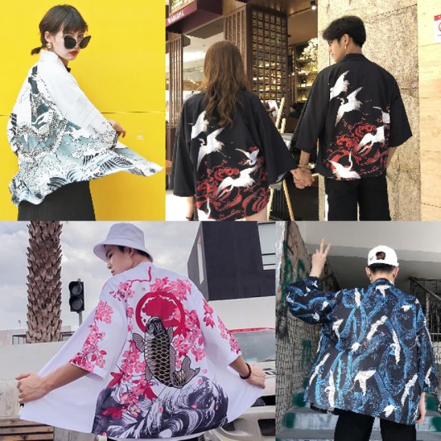 ÁO KHOÁC HAORI HAPPY họa tiết rồng phong cách Harajuku Nhật Bản kimono cá chép Hồng hạc chim cò