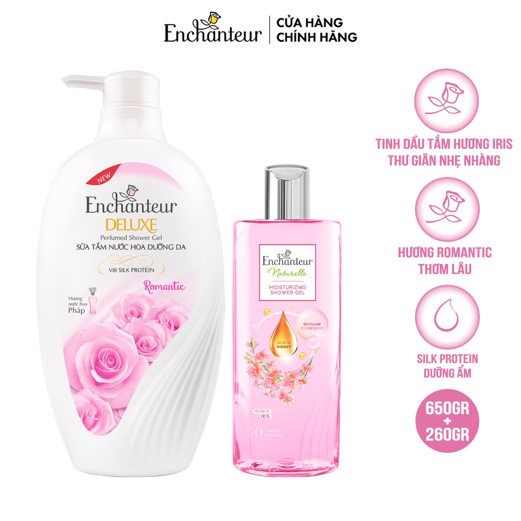 Combo Sữa tắm Enchanteur Naturelle hương hoa Iris 260g + Sữa Tắm Nước Hoa Dưỡng Da Romantic 650G