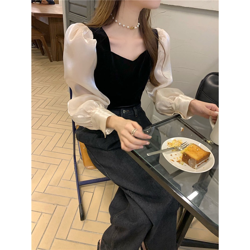 Áo Sơ Mi Tay Phồng Chất Liệu Nhung Thời Trang 2022 Phong Cách Vintage Cho Nữ