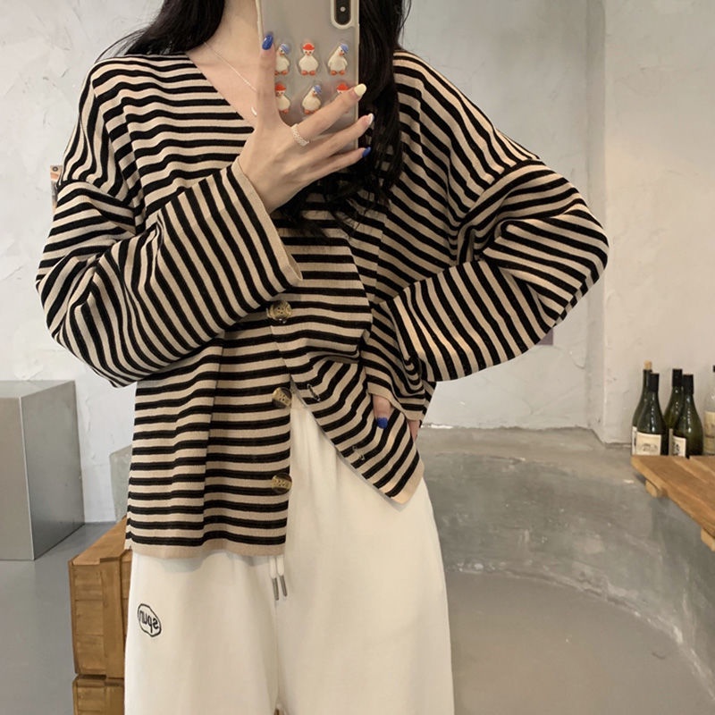 Áo khoác cardigan cổ chữ V tay dài họa tiết kẻ sọc thời trang