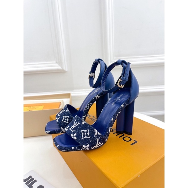 Sandal cao gót mũi vuông gót 10p da thật cao cấp thương hiệu Louis Vuitton LV
