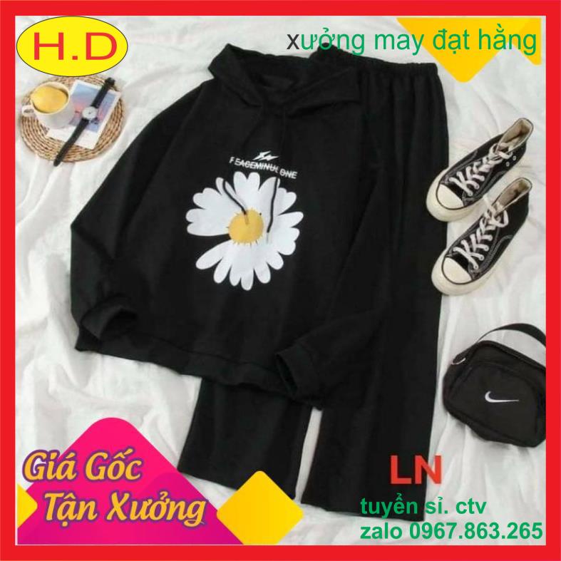 Sét bộ nam nữ áo HOODIE hoa cúc tia sét + Quần ống rộng unisex