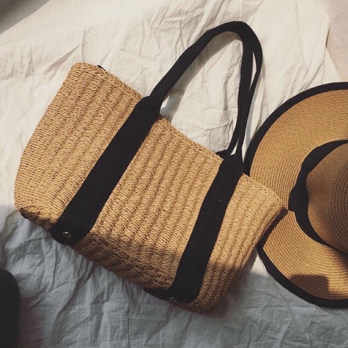 Túi cói cổ điển đi biển cho nữ cỡ to vuông vắn đựng được nhiều đồ