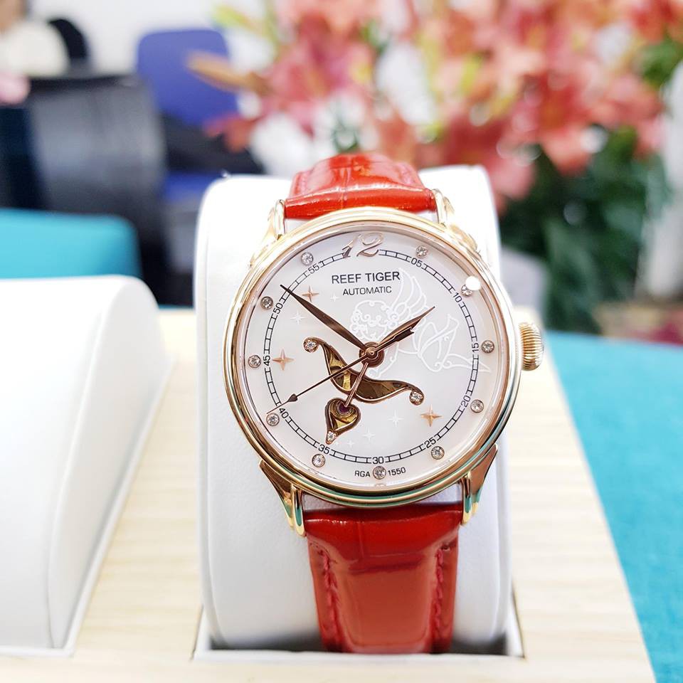 Đồng hồ nữ cao cấp Reef Tiger RGA1550 PWRD Trắng dây đỏ