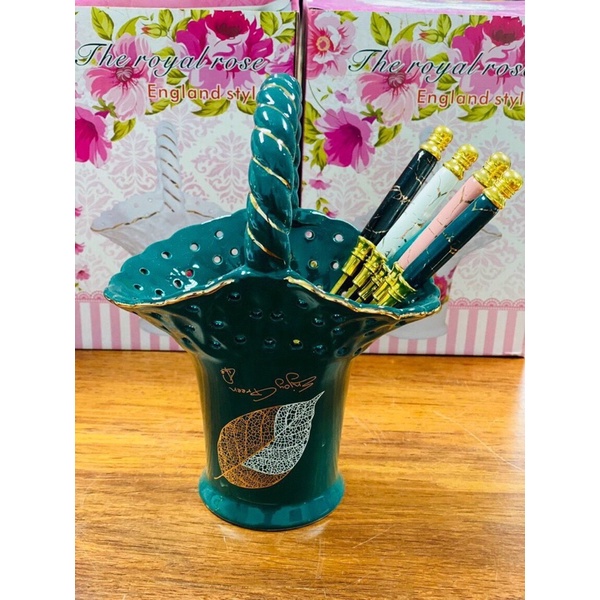 Lẵng sứ đựng thìa dĩa trái cây trang trí nhà cửa Huydecor , giỏ đựng thìa dĩa bằng sứ mầu xanh ngọc