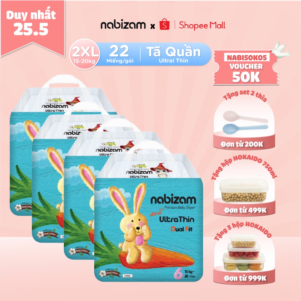 COMBO 4 Bịch Tã/Bỉm Quần NABIZAM Ultra Thin Nội Địa Hàn Mỏng Vượt Trội, Thấm Hút Nhanh Size 2XL22 Cho Bé Từ 15-20kg