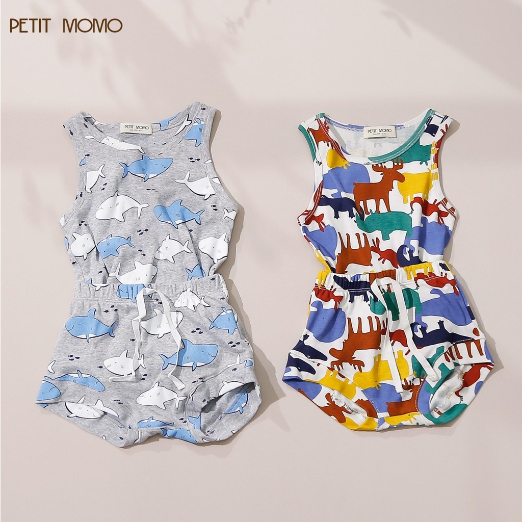 Bộ Quần Áo Ba Lỗ Cho Bé PETIT MOMO Chất Vải Thun Cotton Mát Lạnh Họa Tiết Khủng Long Dễ Thương H129-B