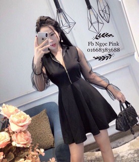 Đầm khoá cổ phối tay ren
