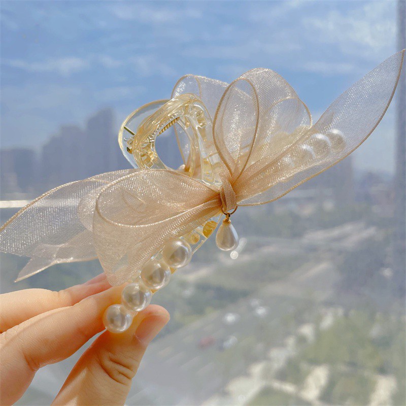 Kẹp tóc vải thắt nơ lưng đính ngọc trai phong cách hàn quốc cho nữ