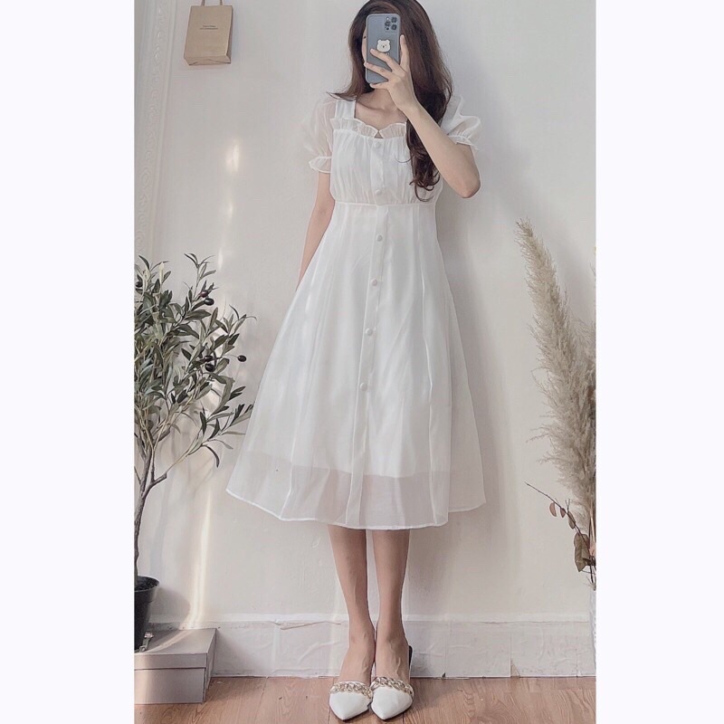 Váy trắng tiểu thư dáng xoè cổ vuông cúc bọc - Đầm trắng dáng xoè 2 lớp Pea Store [Ảnh thật]