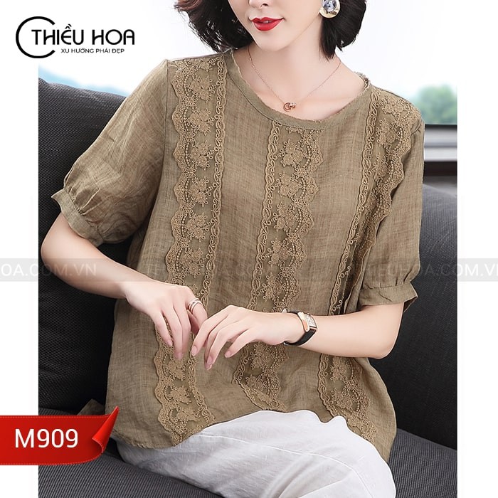 Áo Nữ Trung Niên Đũi Phối Ren Thanh Lịch M909