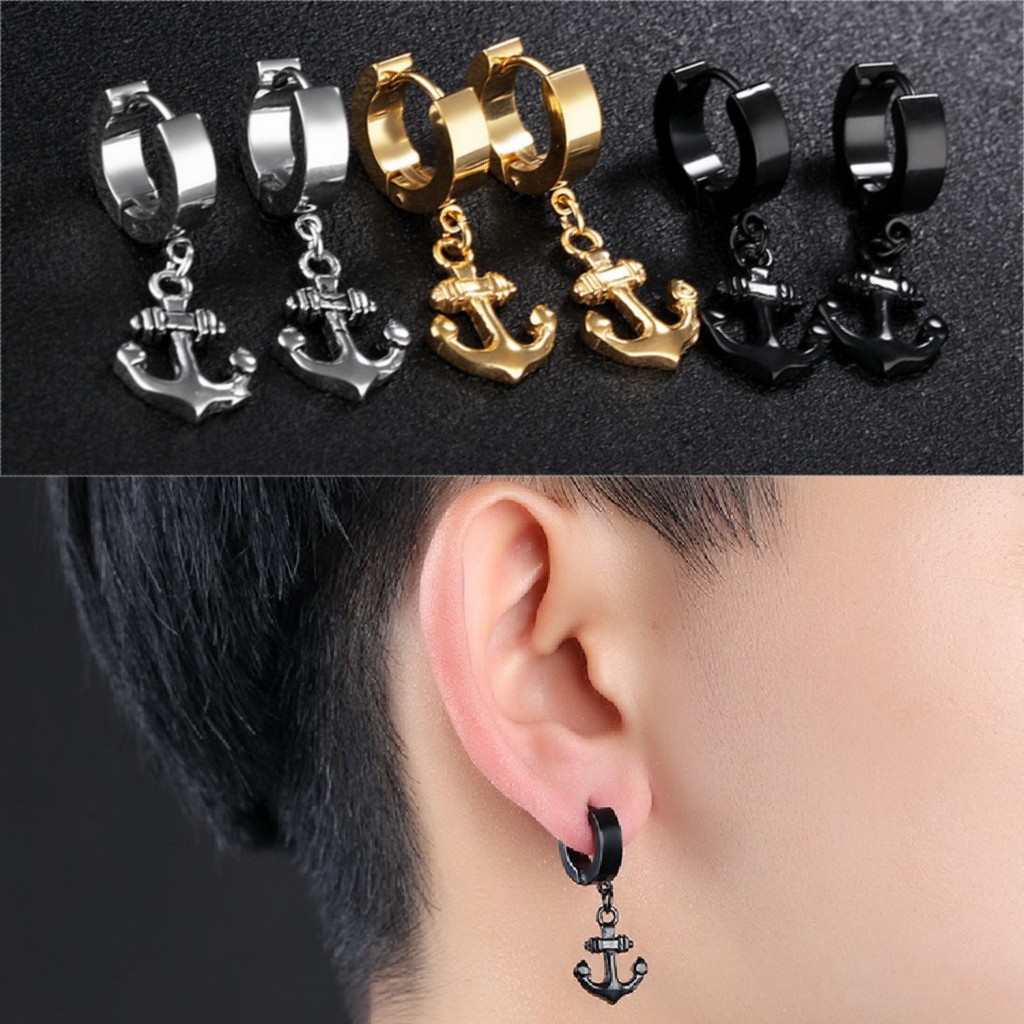 Khuyên tai titan mỏ neo tòn ten không đen không gỉ (1 đôi)