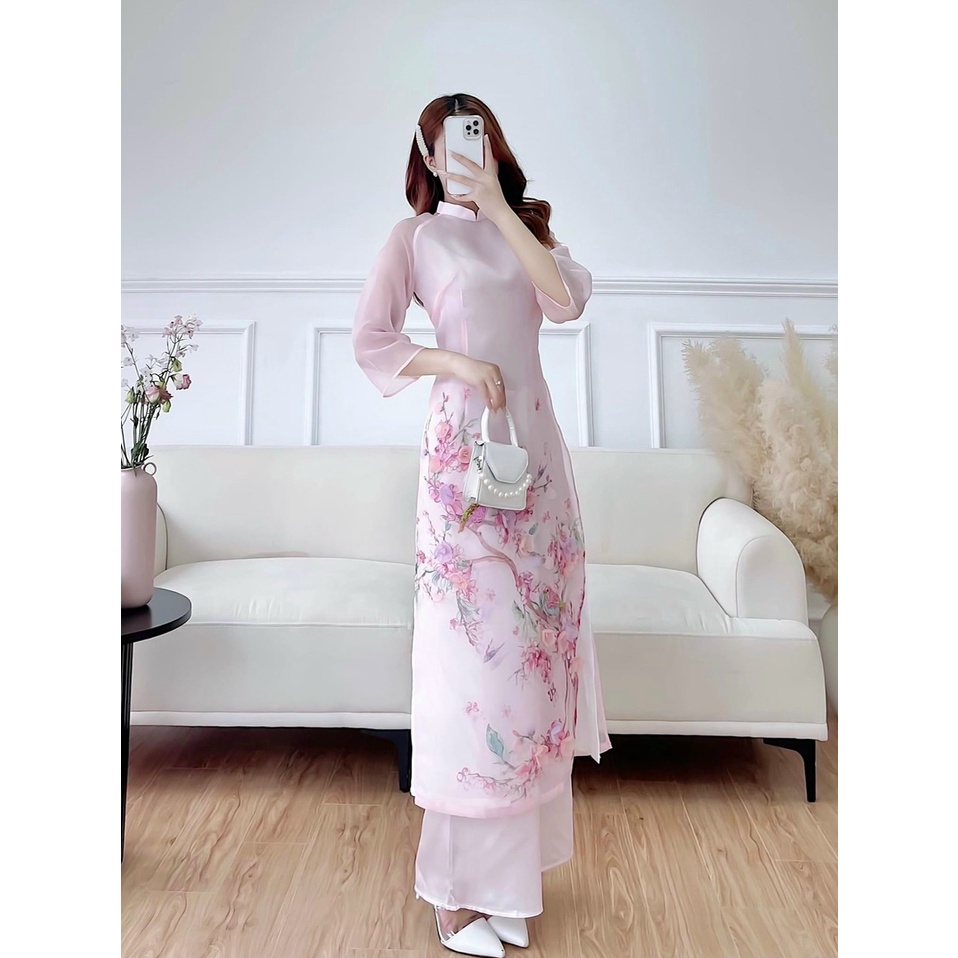 Áo dài cách tân nữ màu hồng nhạt in hoa dịu dàng - A16