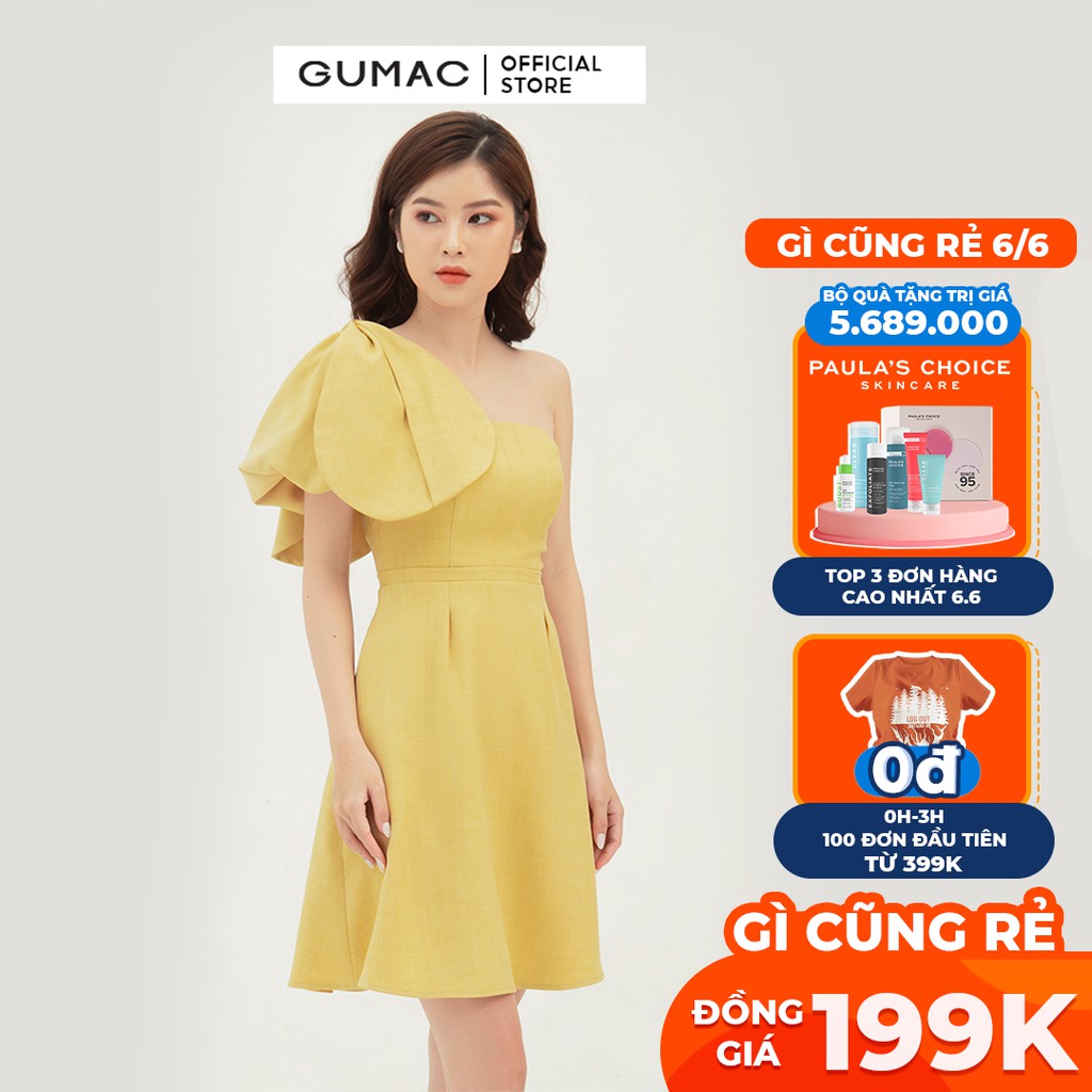 Đầm dự tiệc cúp ngực GUMAC thiết kế nơ sang chảnh, màu vàng đủ size DB374