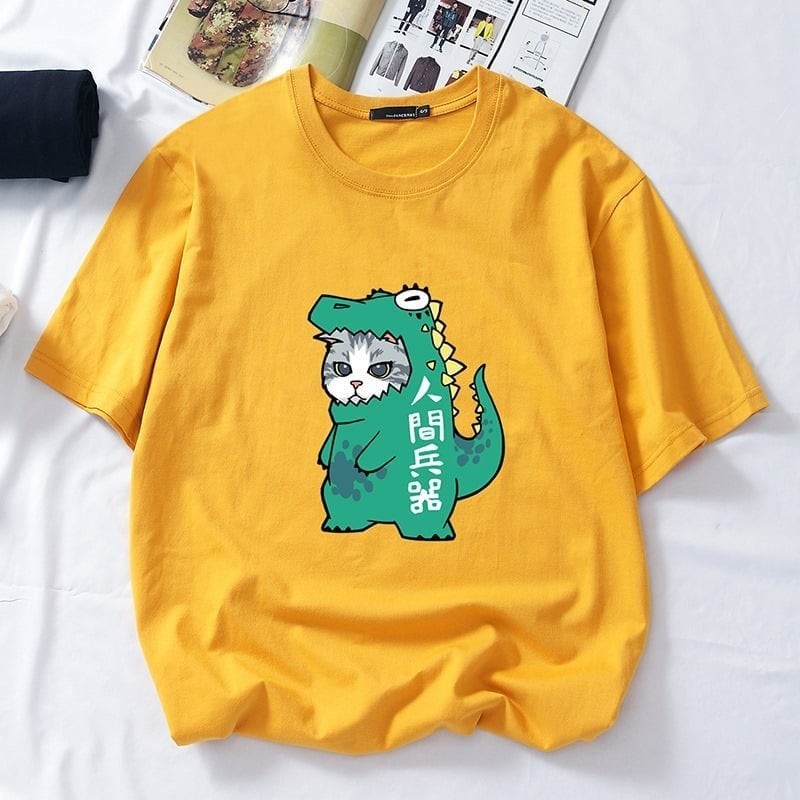 Áo Thun Nam Nữ Tay Lỡ Unisex Phông Trơn Oversize Form Rộng Basic Tee Hình MÈO KHỦNG LONG XANH