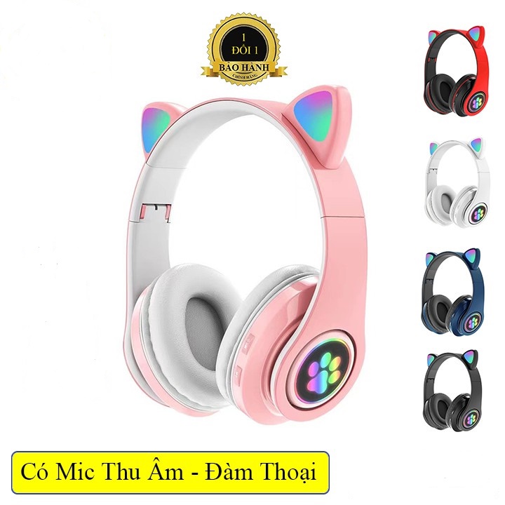 Tai nghe chụp tai Bluetooth mèo cute, headphone chân mèo không dây dễ thương, tai phone gaming có mic, đèn led siêu đẹp