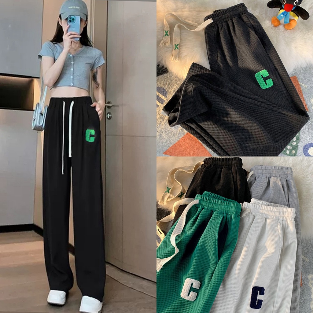 Quần Ống Rộng Suông Nữ Cạp Thun Chun Dây Rút Chất Nỉ Tổ Ong Chữ C Quần Thể Thao Jogger Unisex Dày Dặn Phong Cách Ulzzang