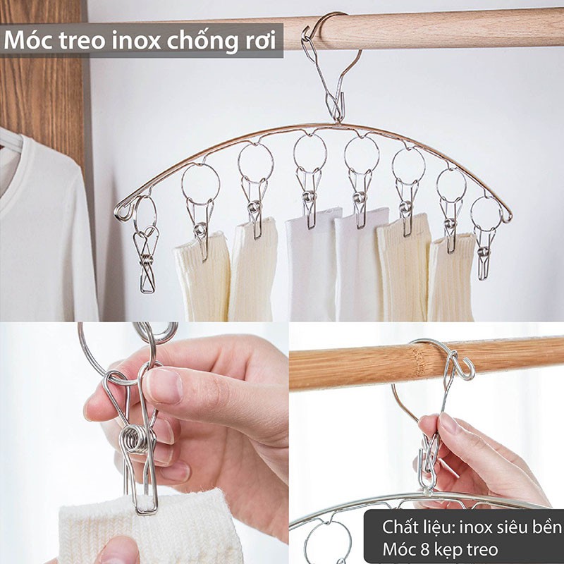 Móc treo tất vớ inox 8 kẹp chống rơi MDT, móc phơi đồ lót sơ sinh đa năng _M39