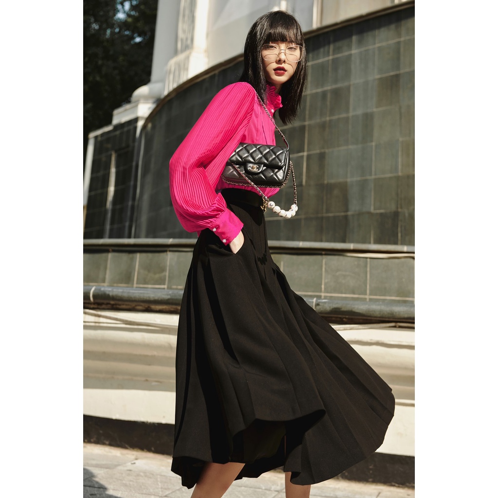 Áo sơ mi lụa satin HUONG BOUTIQUE HBSM944 cổ bèo, dập li toàn thân