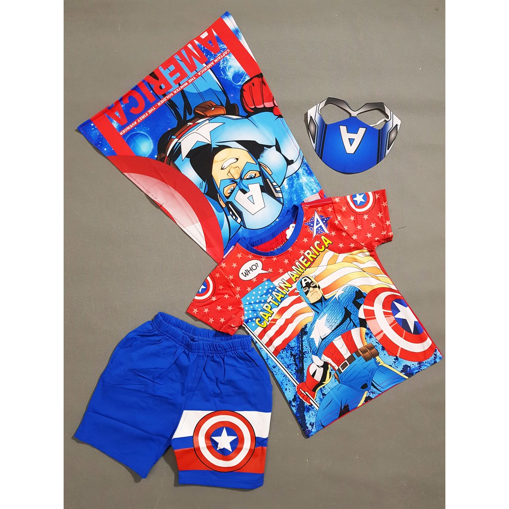 Bộ thun cotton đội trưởng Mỹ Captain American kèm khăn choàng mặt nạ bé trai