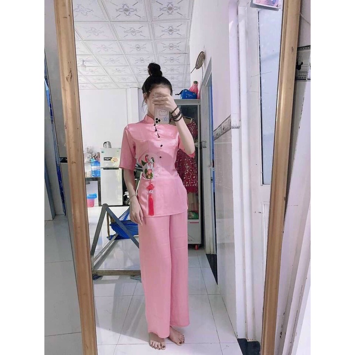 Đồ Lam Nữ Đi Chùa - Mẫu lụa thêu tranh cổ trụ trang nhã đẹp CG03