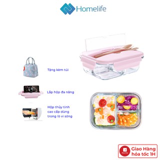 [Tặng Túi Giữ Nhiệt] Hộp Cơm Văn Phòng Thủy Tinh 3 Ngăn Chất Liệu Cao Cấp Quay Lò Vi Sóng Thoải Mái