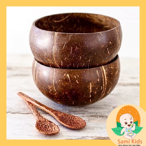 Bát gáo dừa kèm muỗng ăn granola, cháo, cơm, canh, chén thìa đựng đồ ăn dặm SAMI KIDS