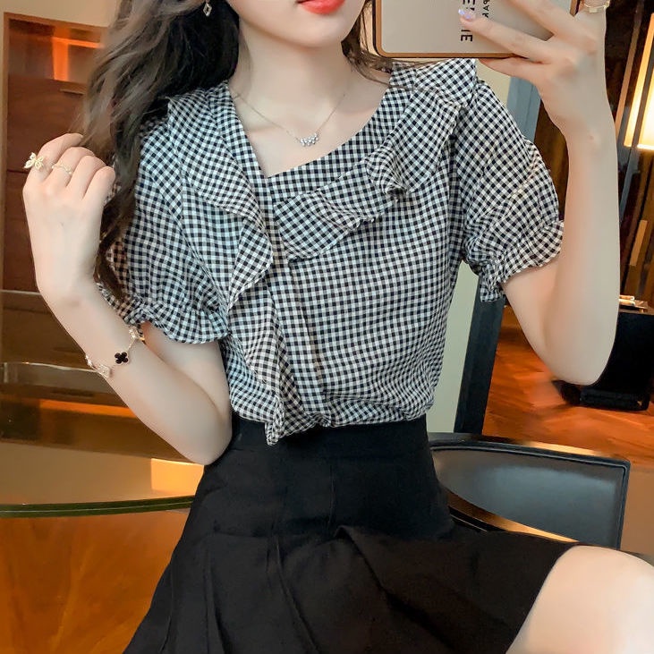 Áo Sơ Mi chiffon Tay Ngắn Họa Tiết Sọc Caro Thời Trang Dành Cho Nữ