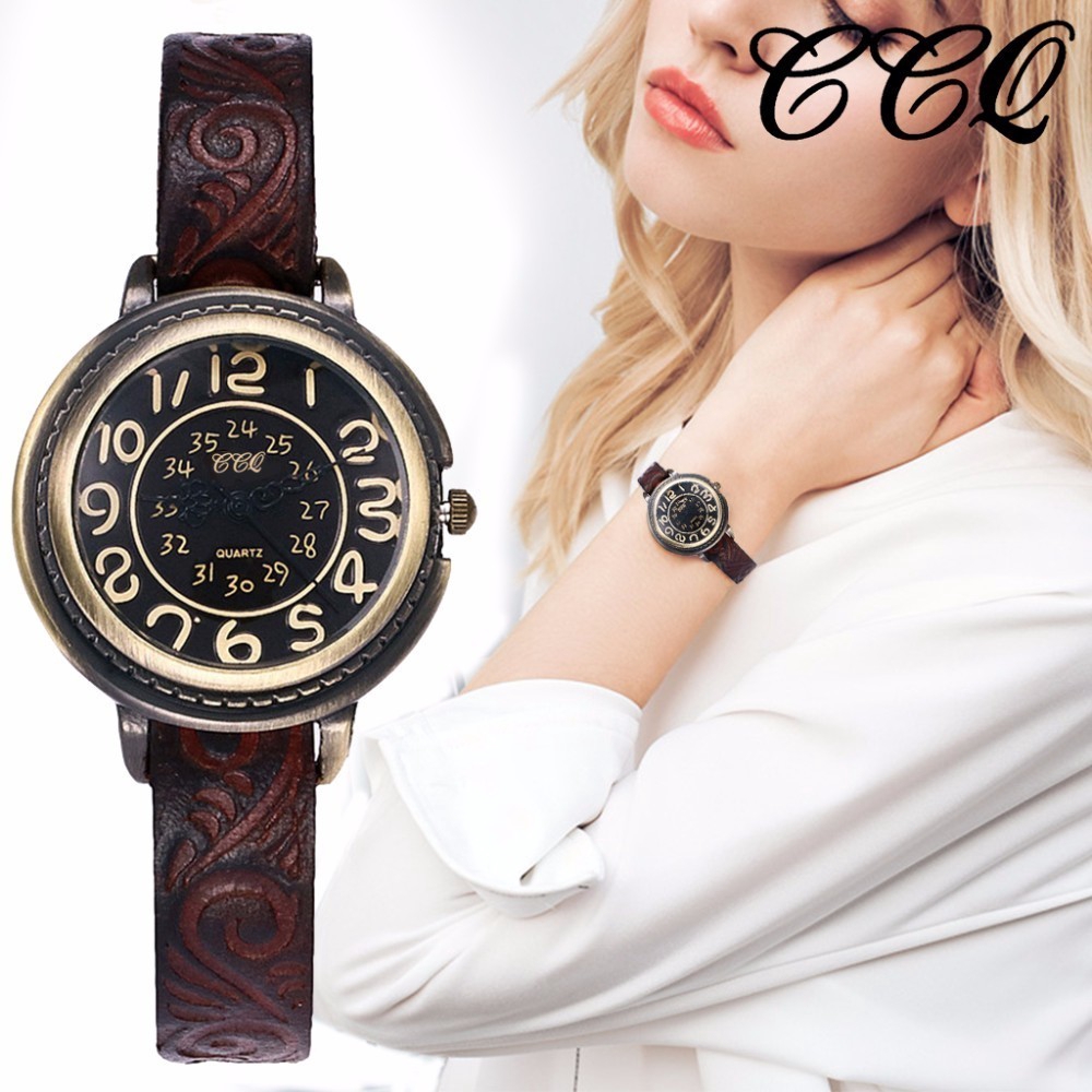 Đồng hồ quartz đeo tay có dây đeo da thật họa tiết dập nổi cổ điển cho nữ | BigBuy360 - bigbuy360.vn