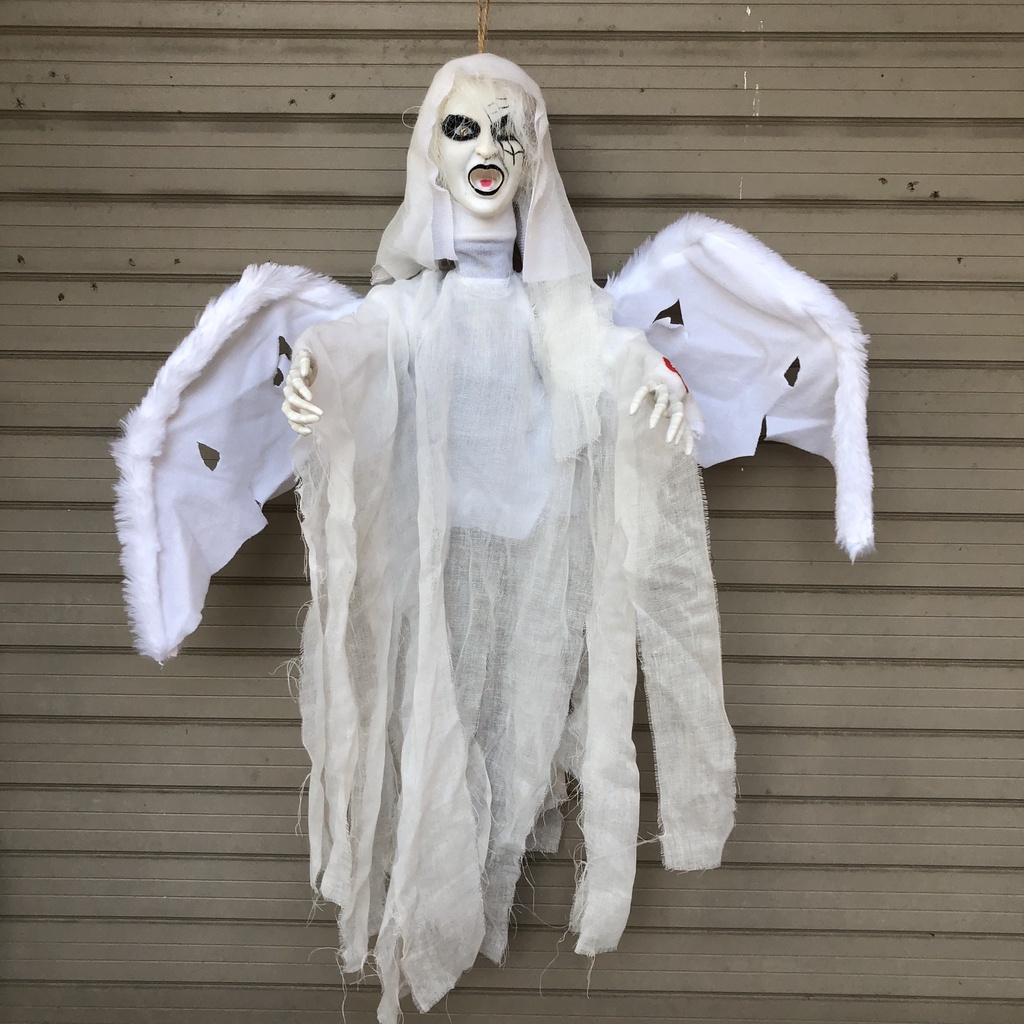 Ma dơi đen trắng có đèn mắt, đập cánh và tiếng hú kinh dị trang trí Halloween
